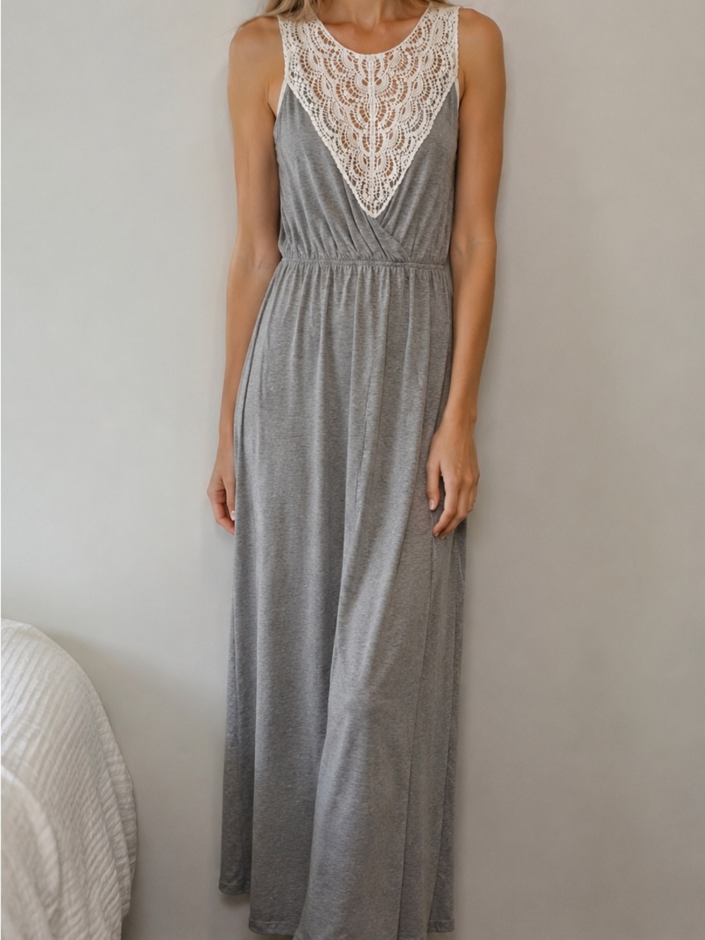 Crochet Lace Maxi Jersey Dress SZ M Boho